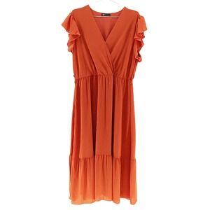 PRETTY GARDEN Boho Wrap V-neck Ruffle Sleeve Maxi Dress • XL • Summer orange